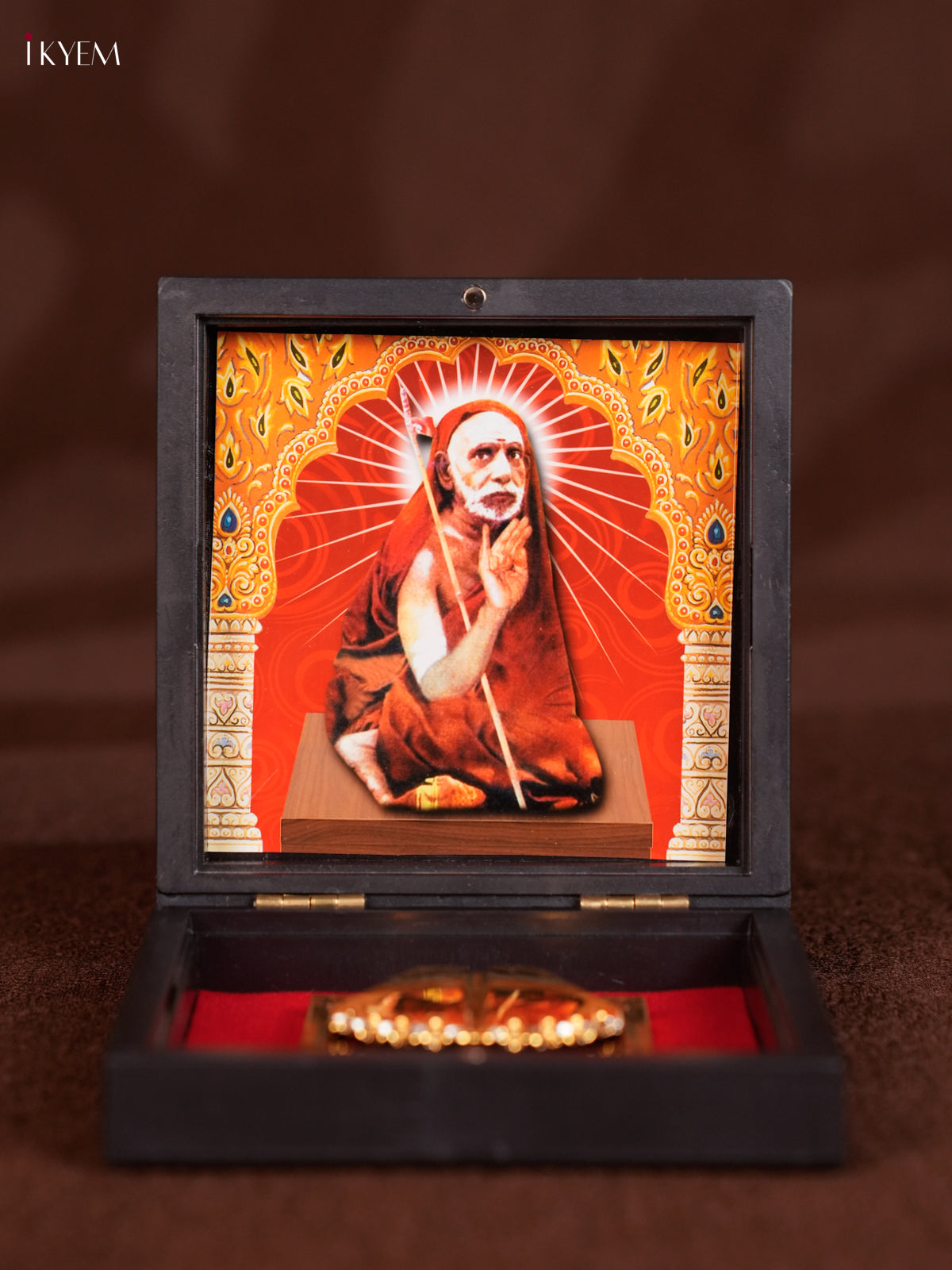 Dark Color Paduka Box With Shankaracharya's Picture & Footprints