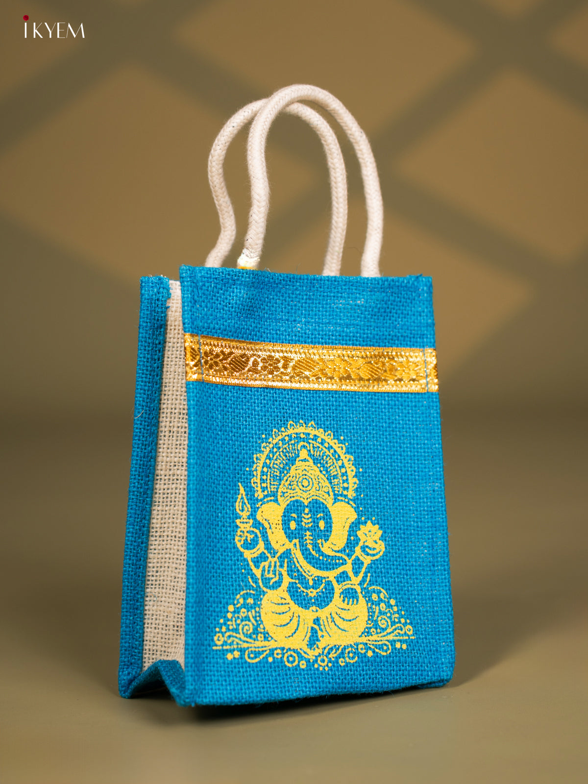 Divine Blue Jute Bag With Lord Ganapathy Print - 8 Inch 