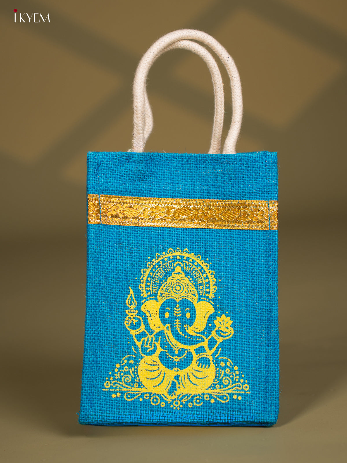 Divine Blue Jute Bags With Lord Ganapathy Print - 8 Inch 