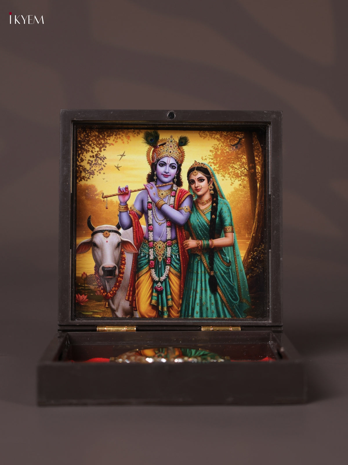 Divine Dark Color Paduka Box With Radha & Krishna's Picture & Footprints