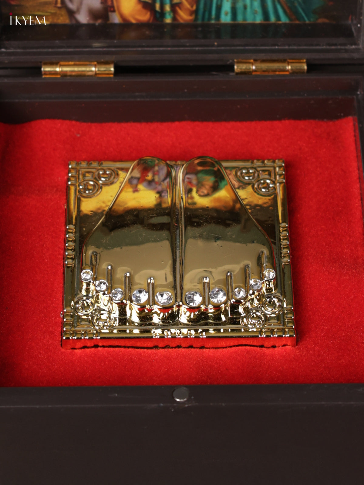Divine Dark Color Paduka Box With Radha & Krishna's Picture & Footprints 2