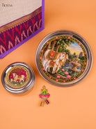 Divine Jute Bag Festive Combo With Cow & Calf Printed Plate, Box & Haldi Kumkum 1