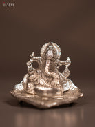 Divine Silver Plated Ganesha Idol & Diya In A Small Leaf Plate 1