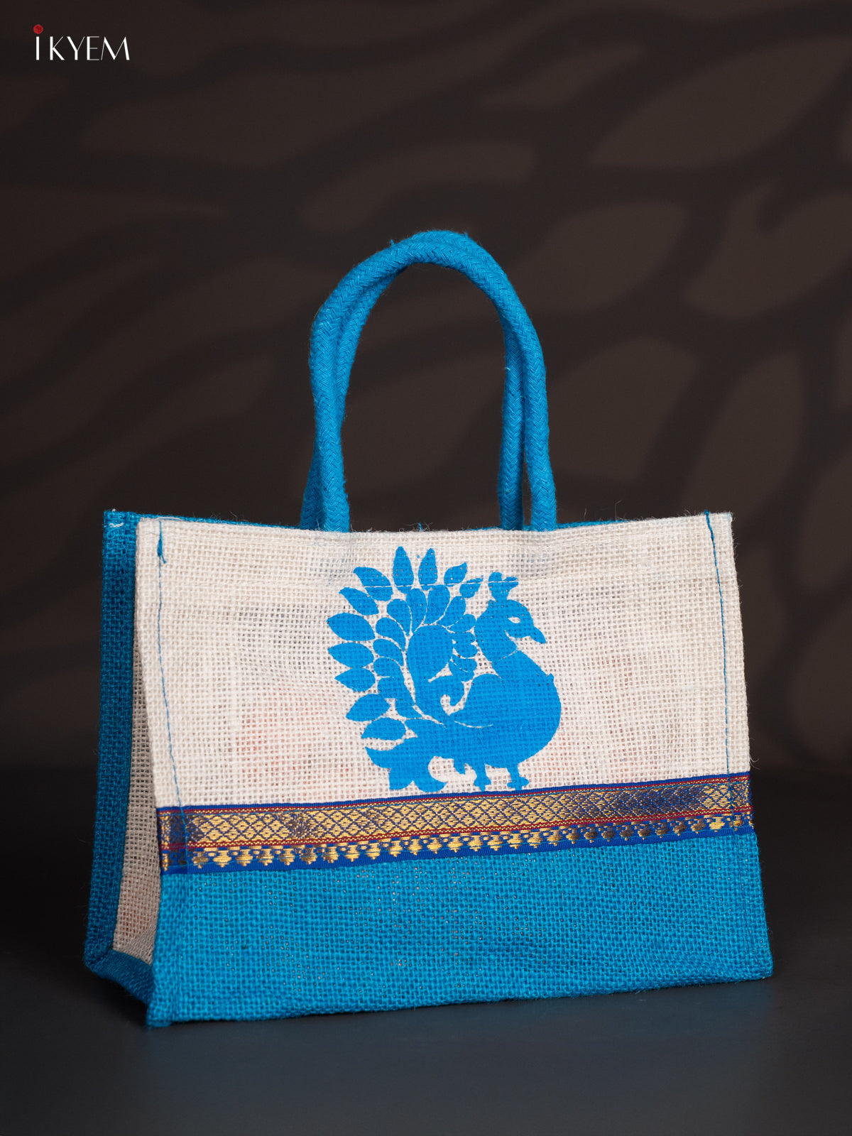 Elegant Blue & White Jute Bag With Peacock Print