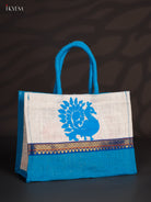 Elegant Blue & White Jute Bag With Peacock Print