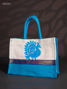 Elegant Blue & White Jute Bags With Peacock Print