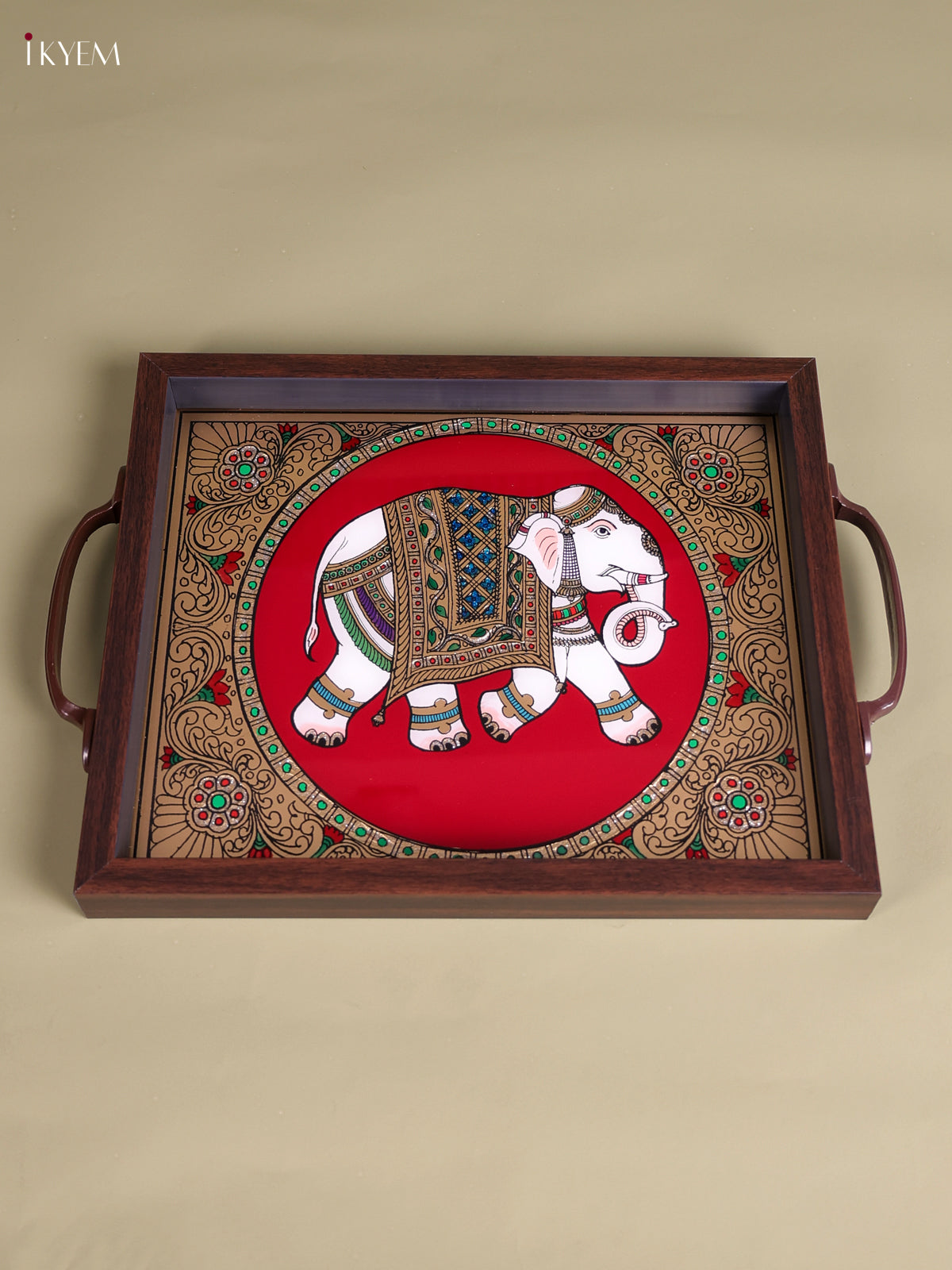 Elegant Elephant Reverse Glass Painted Tray In Red 
