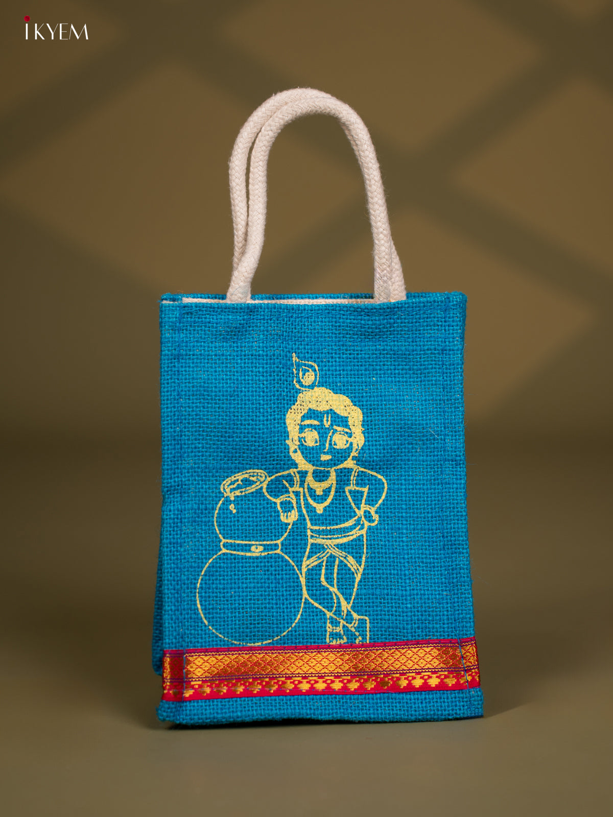 Elegant Krishna Printed Blue Jute Bag With Zari Border - 8 Inch 