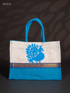Elegant Peacock Printed Blue & White Jute Bag