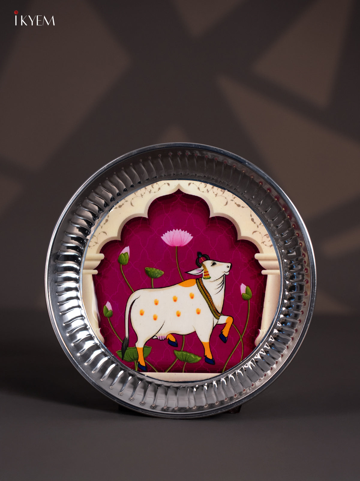 Elegant Pichwai Cow Printed Purple Stainless Steel Plate (9x9 Inches) 