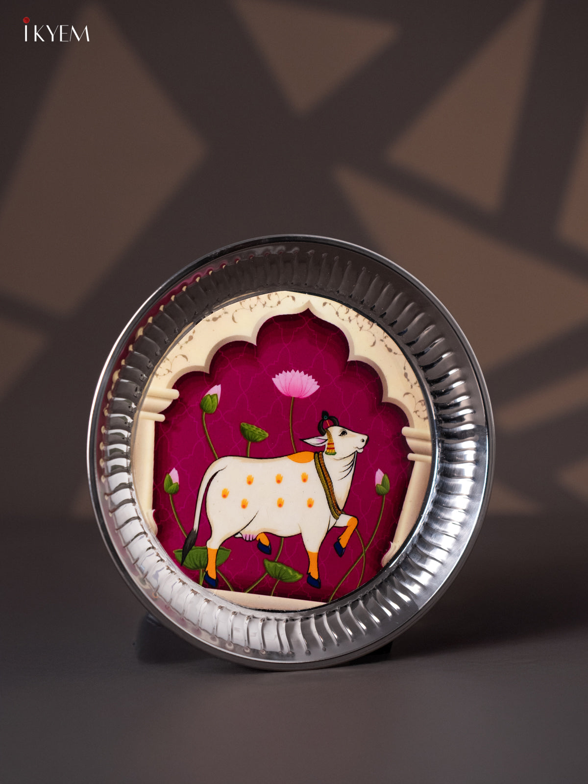 Elegant Pichwai Cow Printed Purple Stainless Steel Plate (9x9 Inches) 1