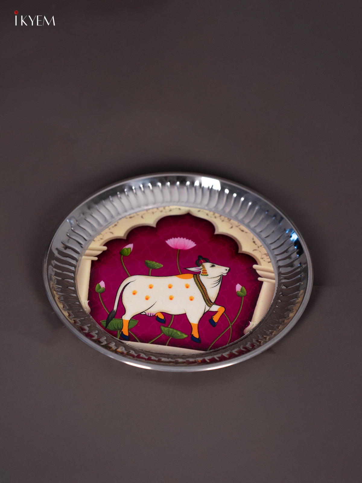 Elegant Pichwai Cow Printed Purple Stainless Steel Plate (9x9 Inches) 2