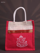 Elegant Pink & Beige Ganesha Printed Jute Bag With Zari Border 