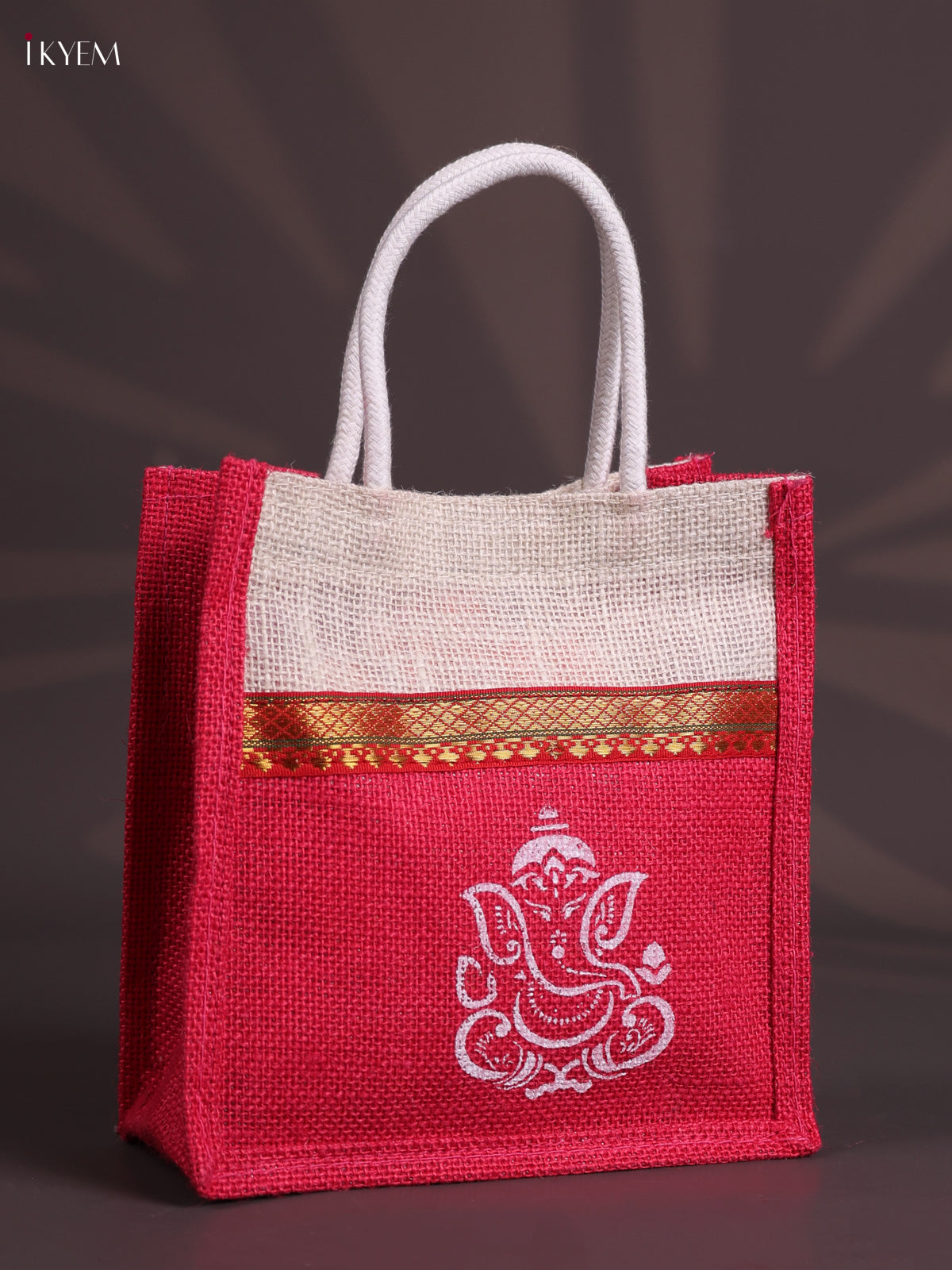 Elegant Pink & Beige Ganesha Printed Jute Bag With Zari Border  1