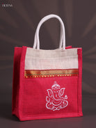 Elegant Pink & Beige Ganesha Printed Jute Bag With Zari Border  1