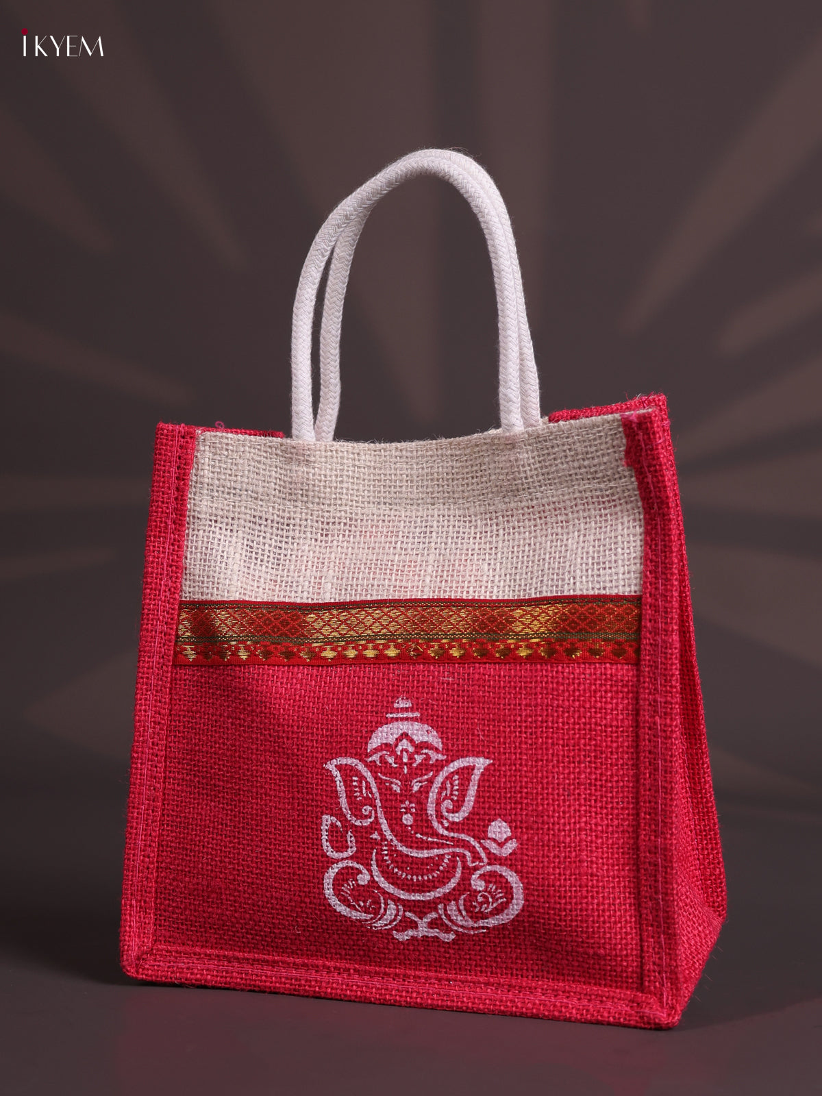 Elegant Pink & Beige Ganesha Printed Jute Bag With Zari Border  2