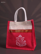 Elegant Pink & Beige Ganesha Printed Jute Bag With Zari Border  2