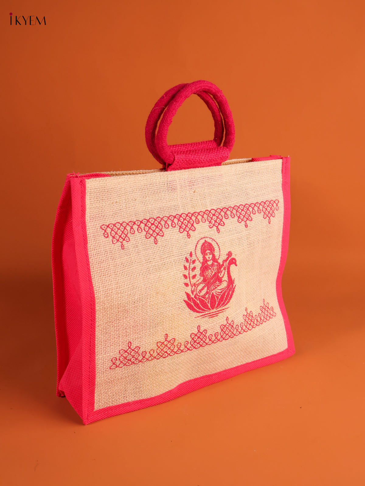 Elegant Pink Goddess Saraswathi Printed Jute Bag 1