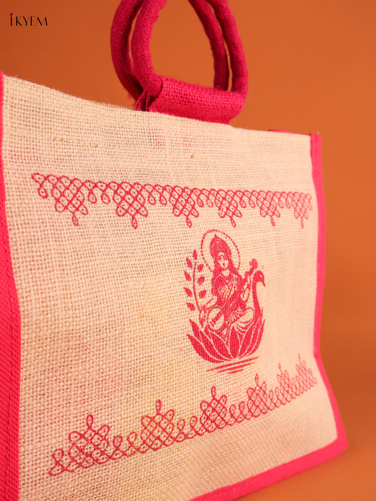 Elegant Pink Goddess Saraswathi Printed Jute Bag 2
