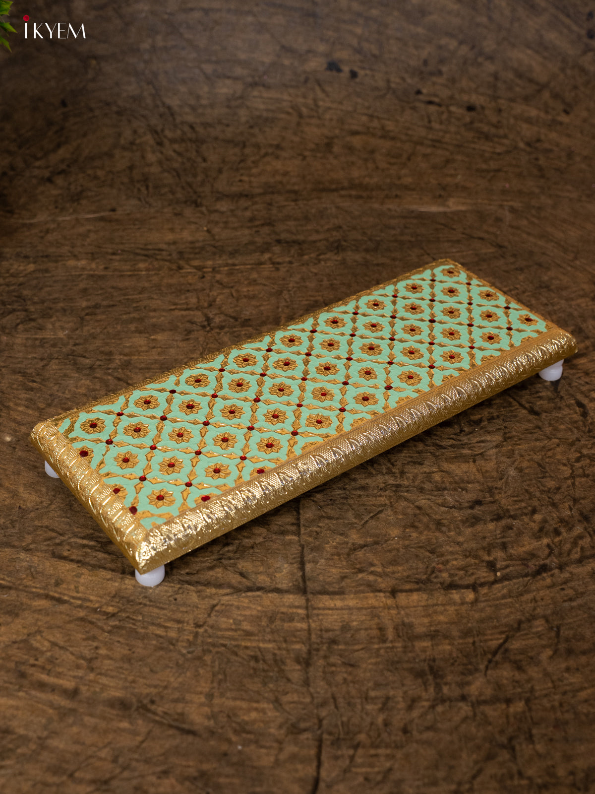 Elegant Pista Green Wooden Bajot With Meenakari Design