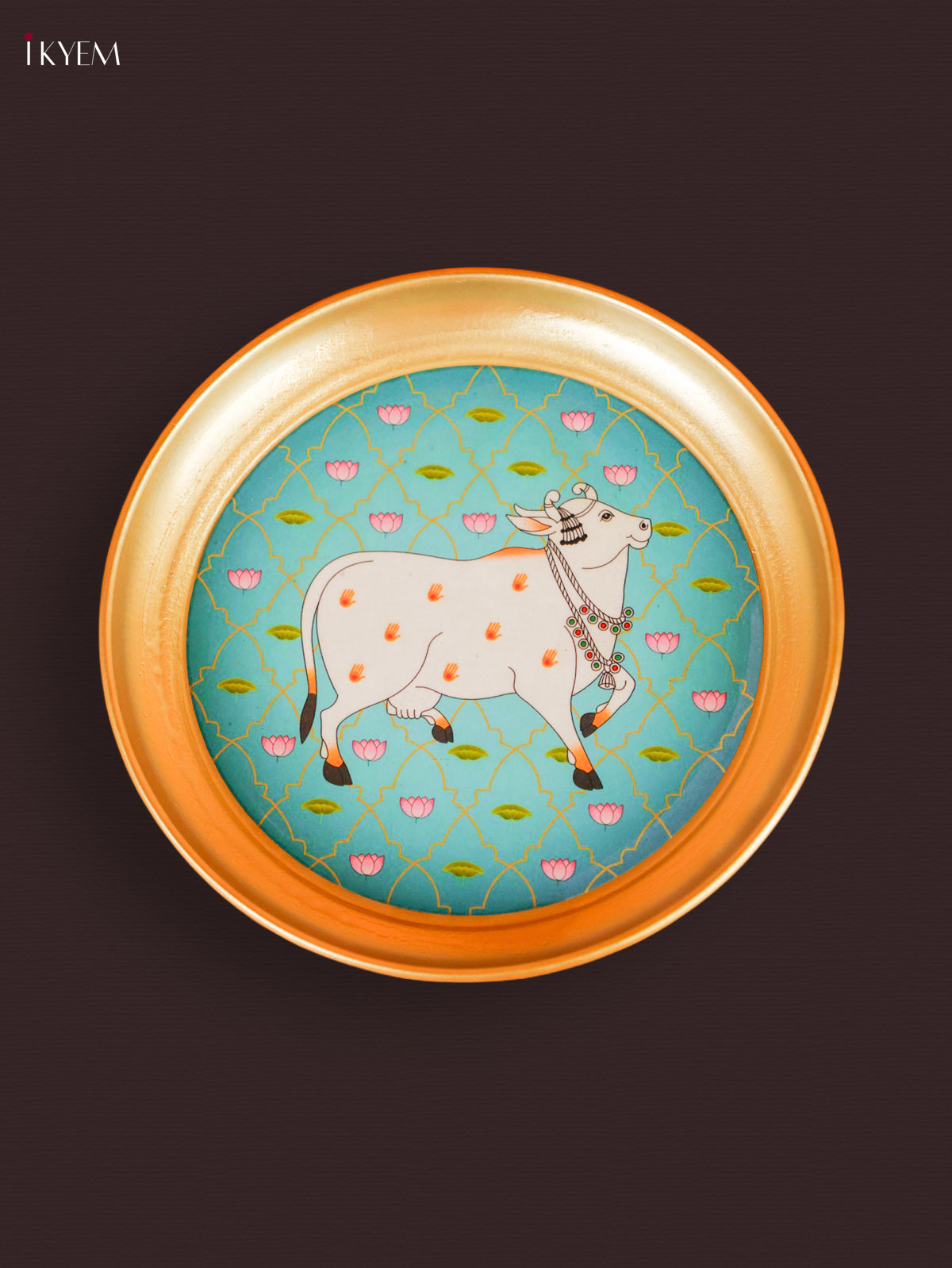 Elegant Sky Blue Pichwai Cow & Lotus Printed Brass Coated Decorative Plate 1
