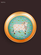 Elegant Sky Blue Pichwai Cow & Lotus Printed Brass Coated Decorative Plate 1