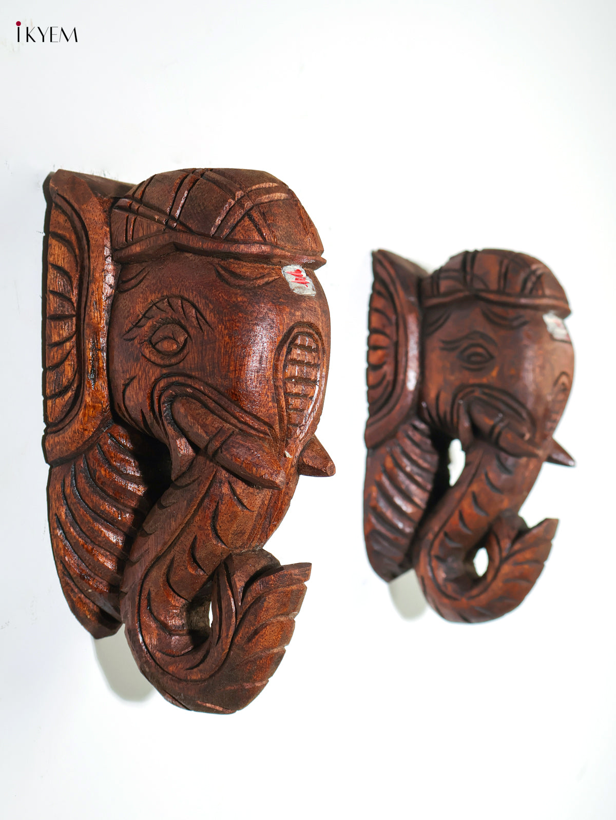 Elegant Wooden Hand Carved Elephant Head Wall Bracket Set 