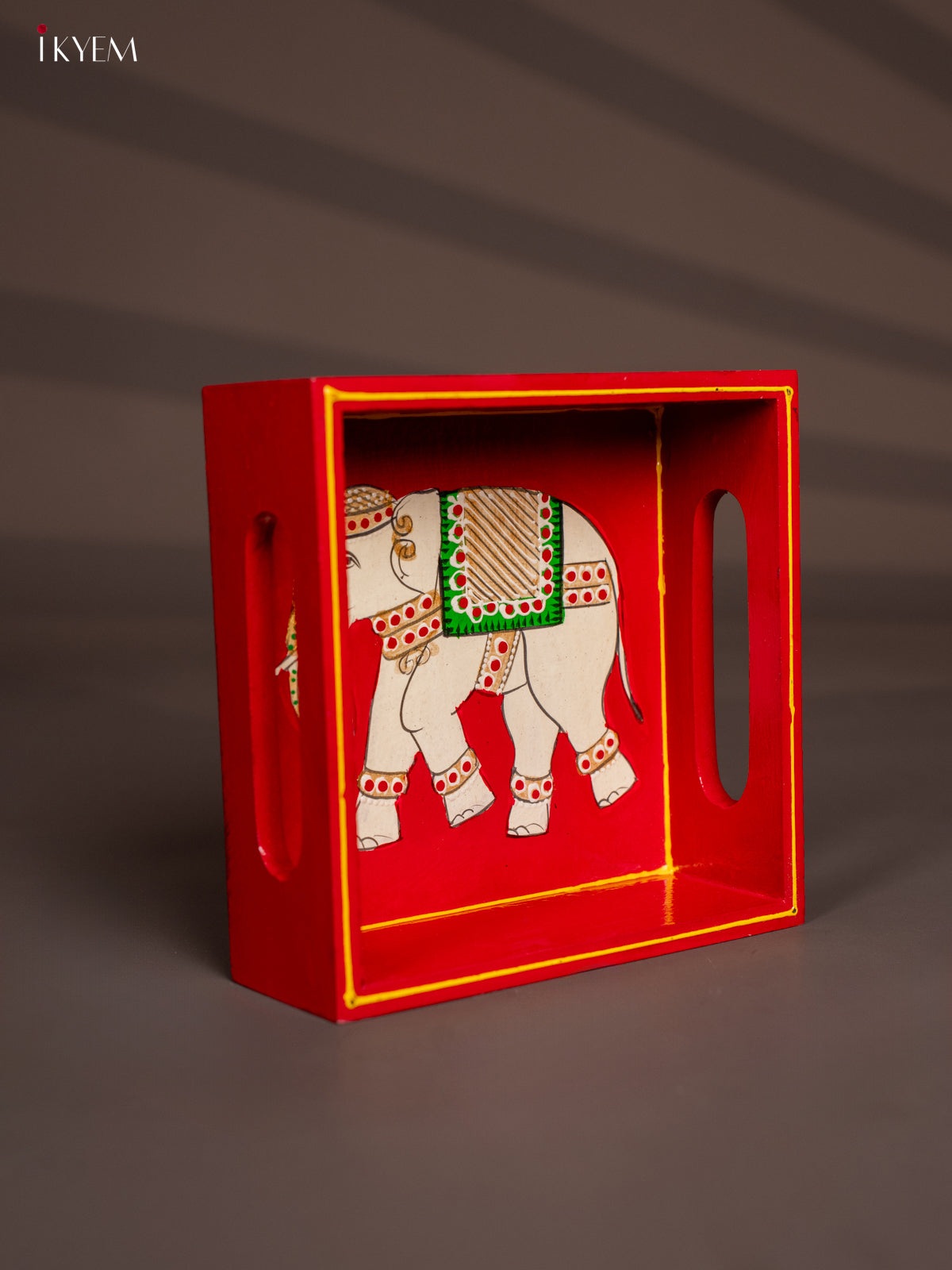Elephant Hand-Painted Red Square Wooden Tray 1