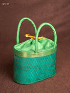Exquisite 6 Inch Raw Silk Korai Stackable Basket In Green With Potli