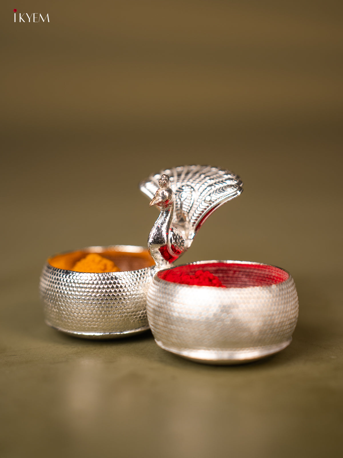 Exquisite German Silver Haldi KumKum Holder Intricately Crafted With Peacock Pattern