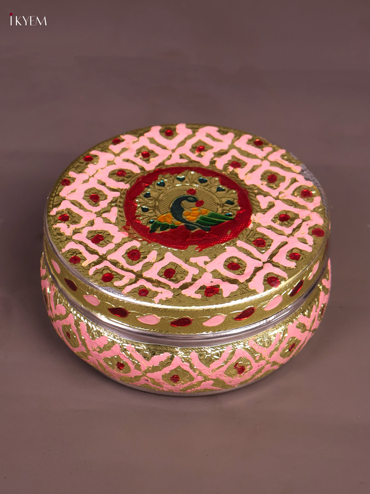 Exquisite Peach & Maroon Meenakari Storage Box With Peacock Design