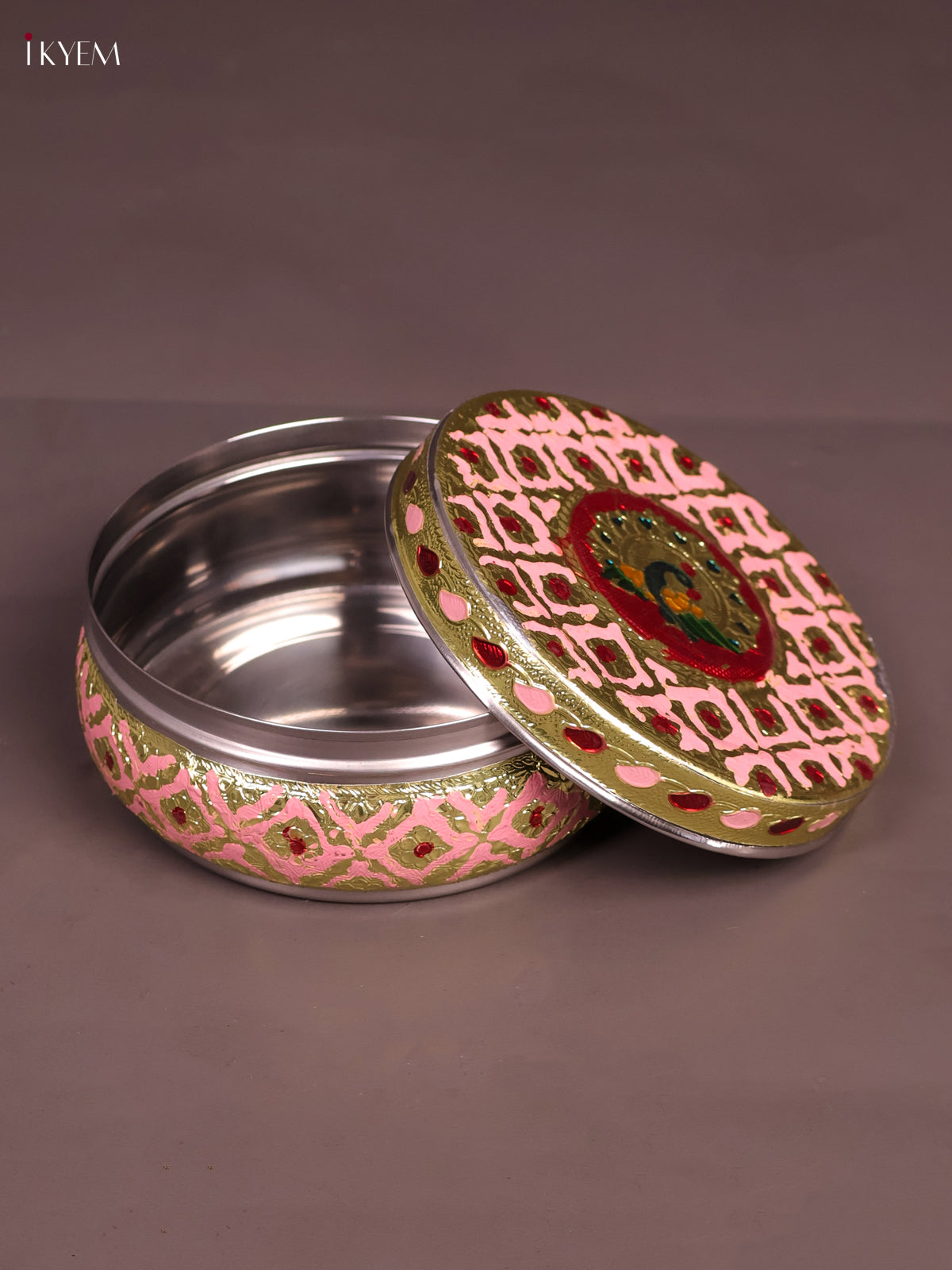 Exquisite Peach & Maroon Meenakari Storage Box With Peacock Design 1