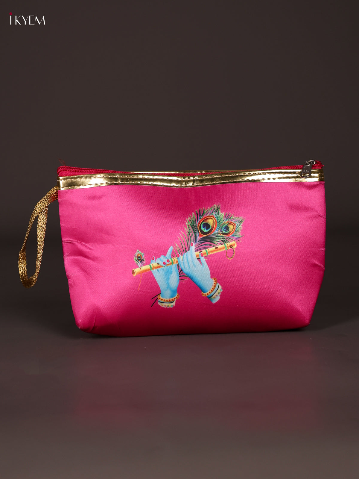 Exquisite Pink Krishna Flute & Peacock Feather Printed Purse With Zipper