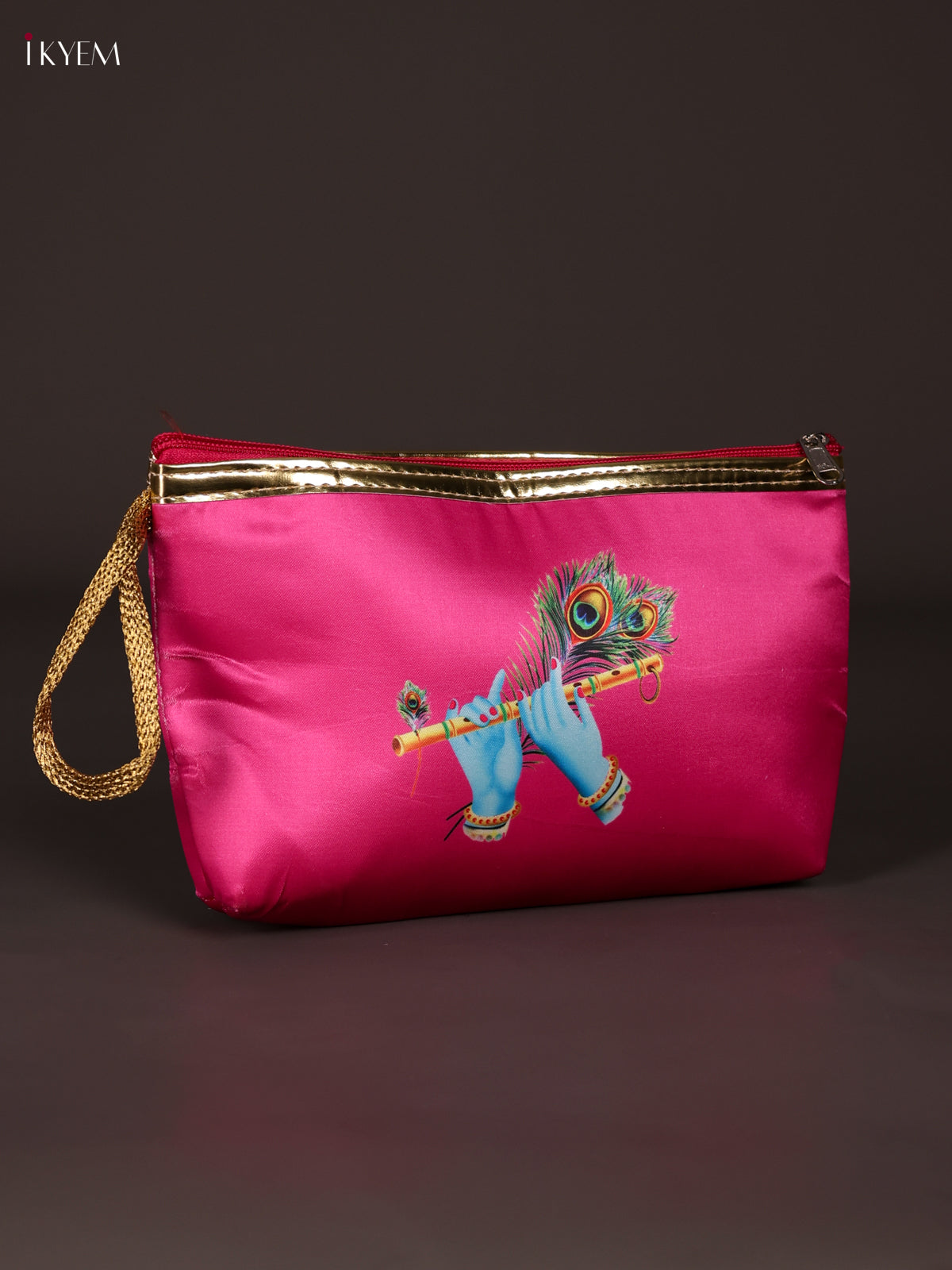 Exquisite Pink Krishna Flute & Peacock Feather Printed Purse With Zipper 1