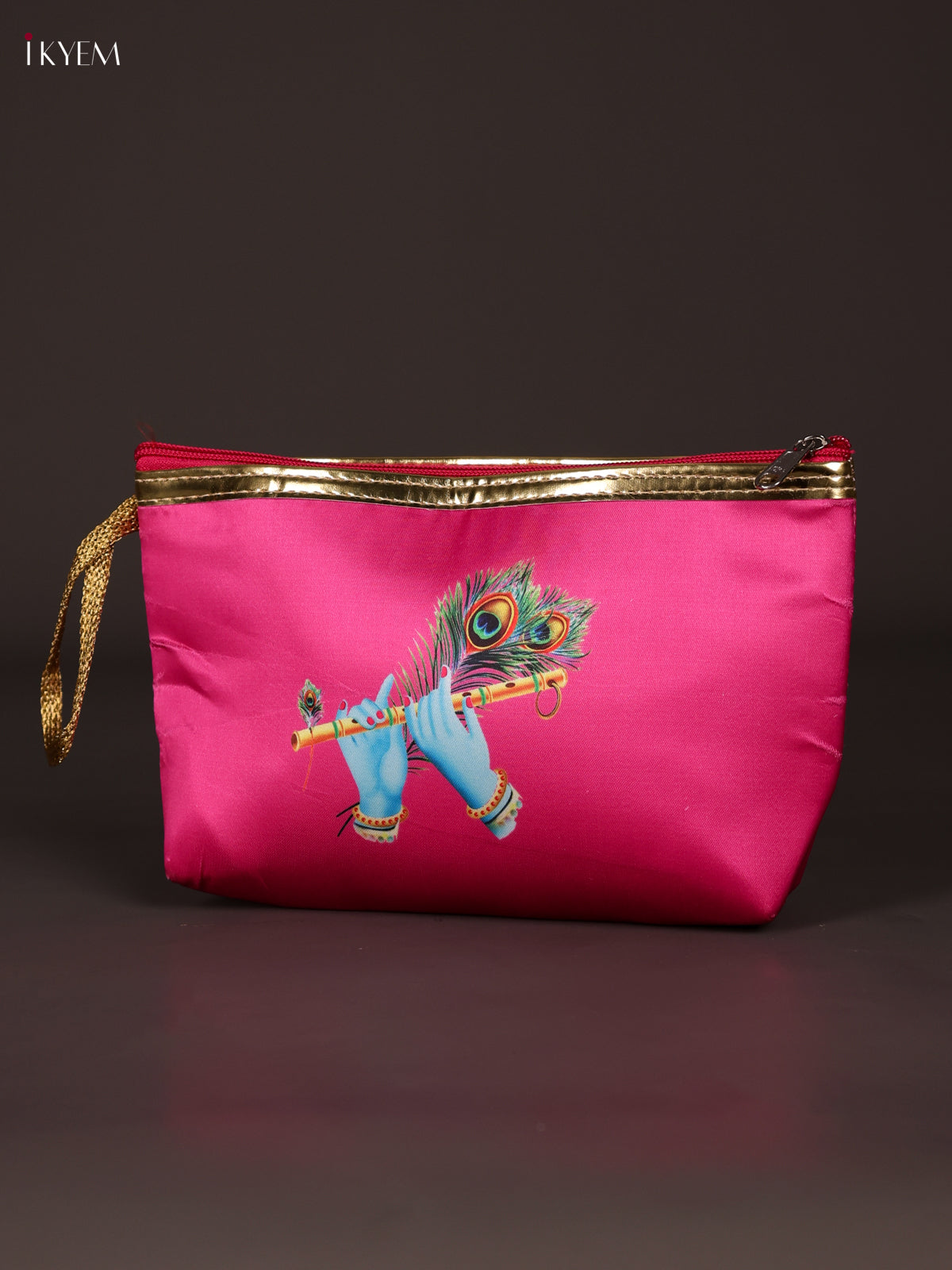 Exquisite Pink Krishna Flute & Peacock Feather Printed Purse With Zipper 2