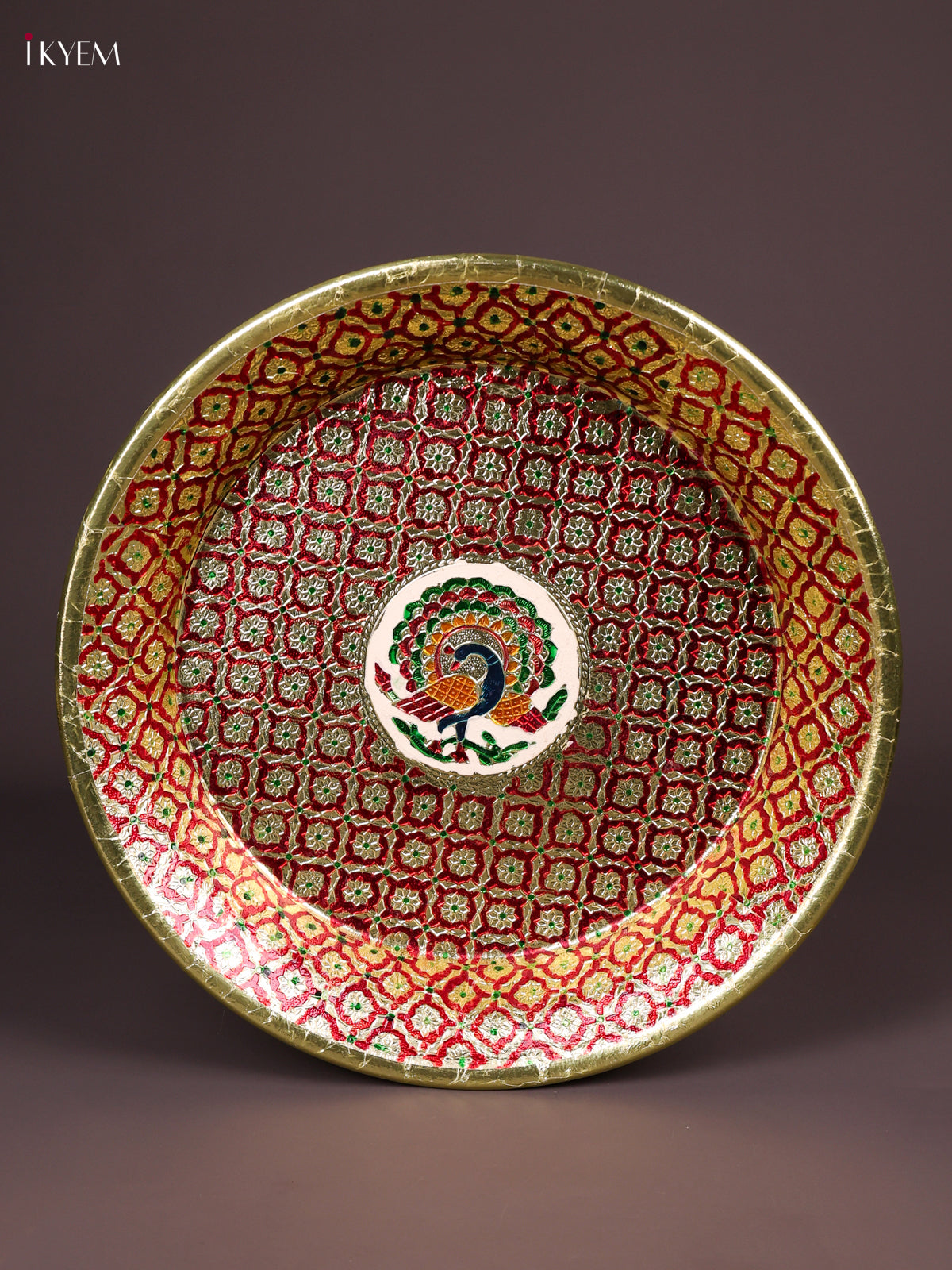 Exquisite Red Meenakari Latice Printed Round Plate 2