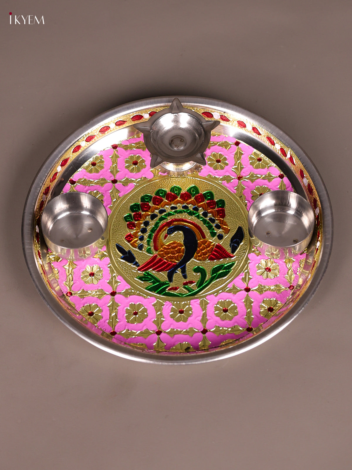 Exquisite Rose Pink Meenakari Pooja Thali Set With Peacock Design