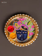 Exquisite Srinath Ji Printed 4.5 Inch Teal Pooja Plate with Haldi Kumkum Holder