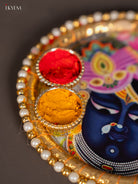Exquisite Srinath Ji Printed 4.5 Inch Teal Pooja Plate with Haldi Kumkum Holder 1