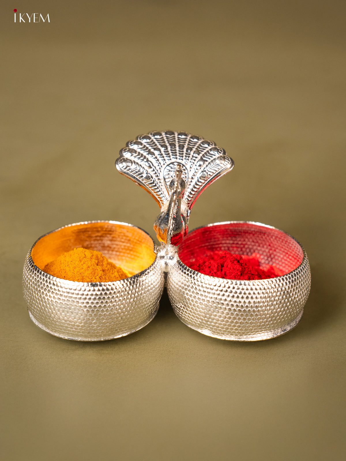 German Silver Haldi KumKum Holder Intricately Crafted With Peacock