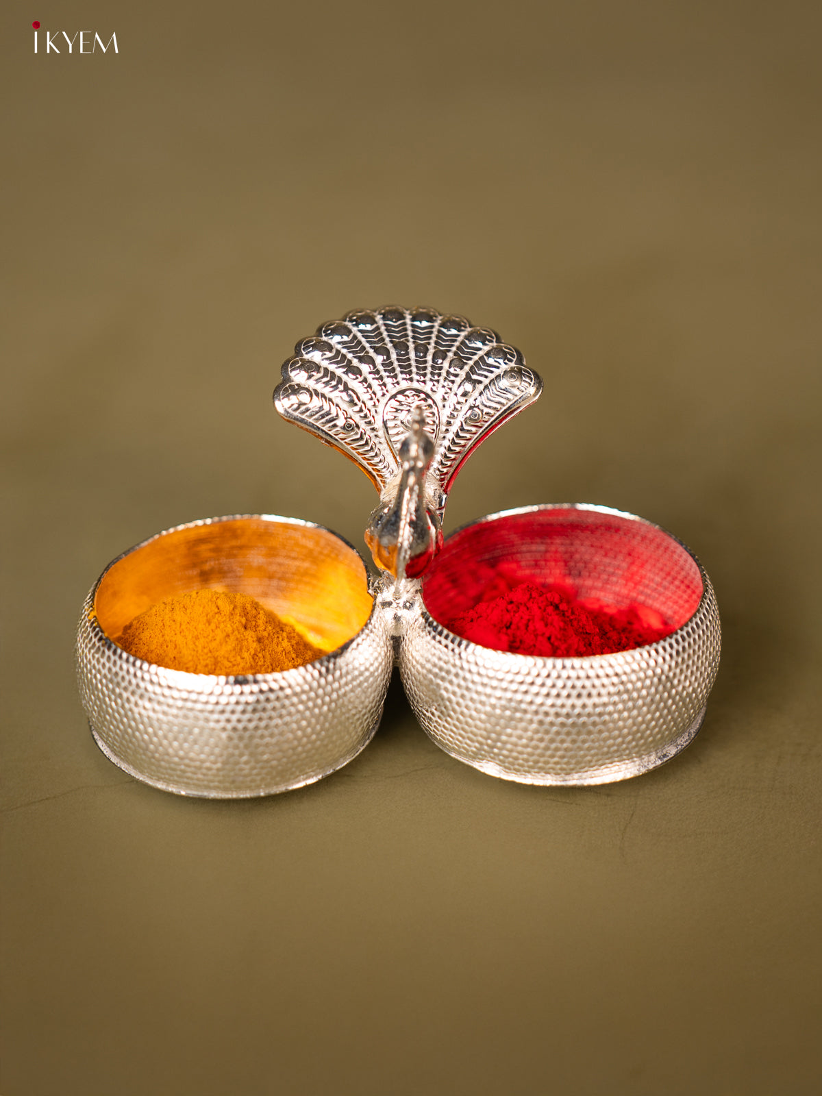 German Silver Haldi KumKum Holder Intricately Crafted With Peacock Pattern