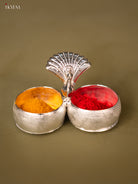 German Silver Haldi KumKum Holder Intricately Crafted With Peacock Pattern