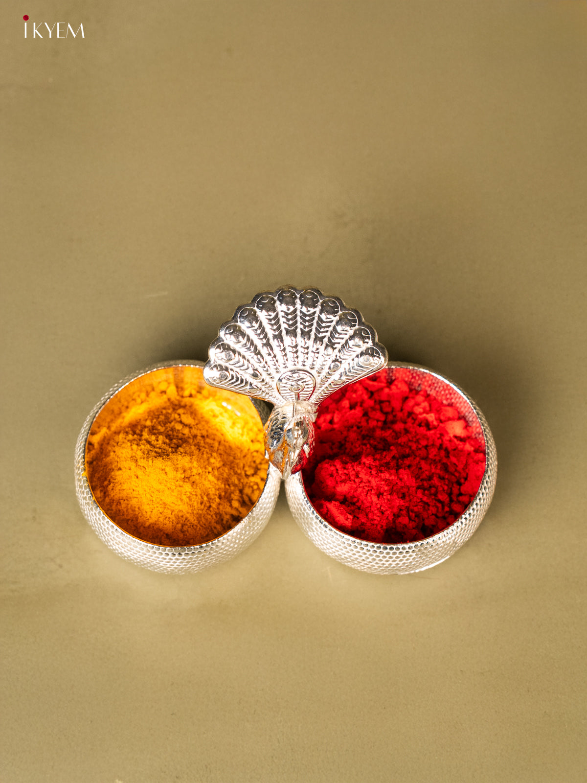 German Silver Haldi KumKum Holder Intricately Crafted With Peacock Pattern