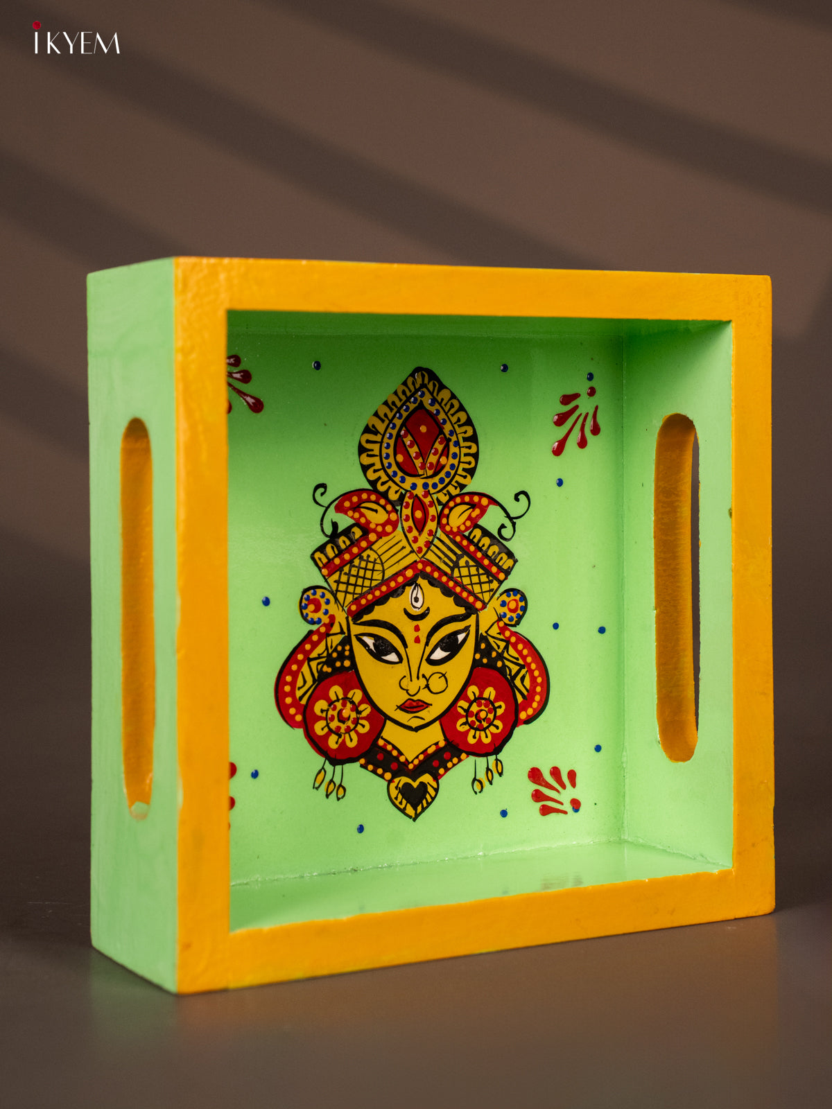 Goddess Durga Maa Hand Painted Green Square Wooden Tray 