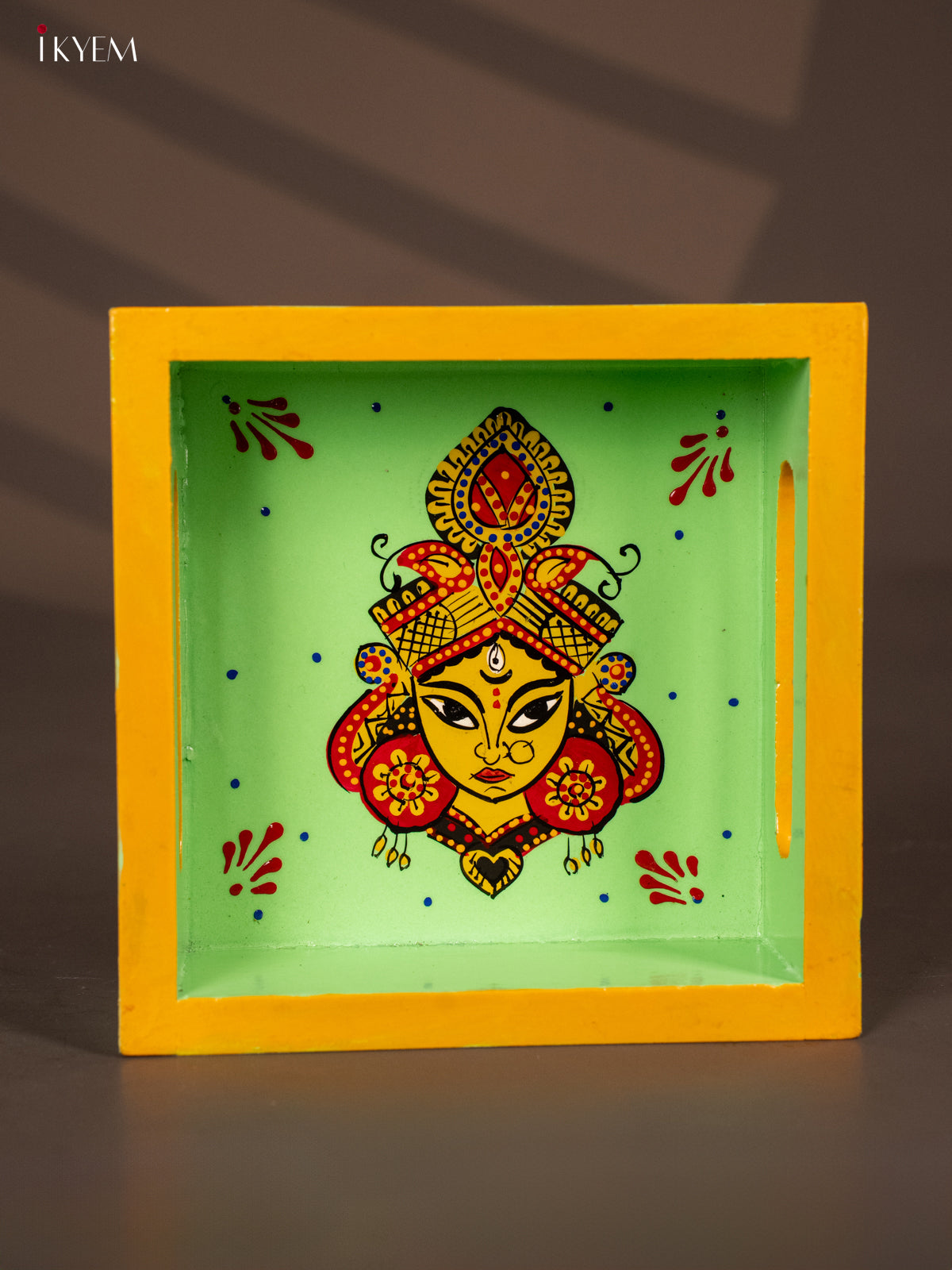 Goddess Durga Maa Hand Painted Green Square Wooden Tray - (6x6) Inch 