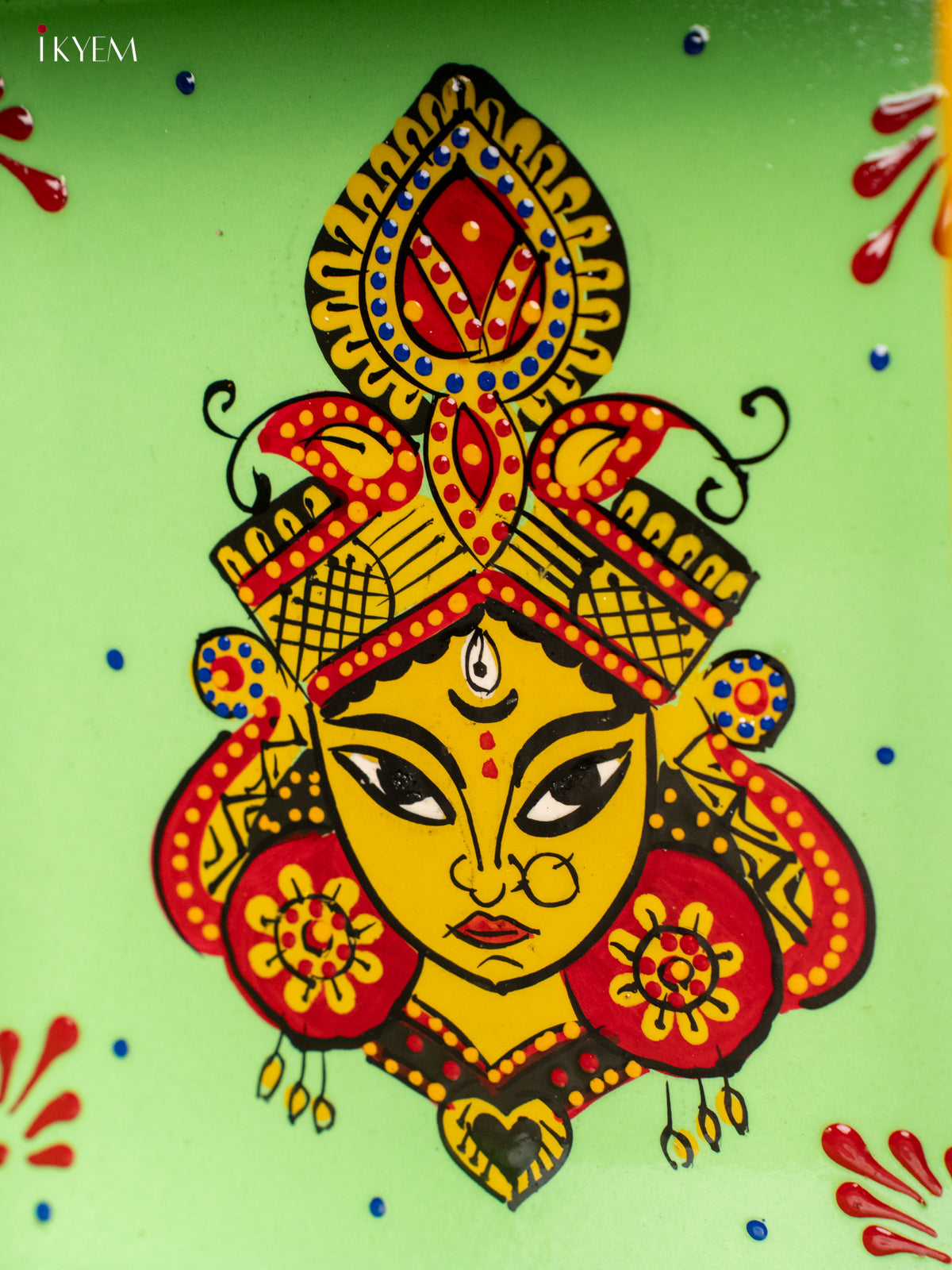 Goddess Durga Maa Hand Painted Green Square Wooden Tray 1