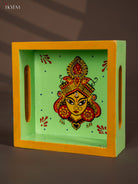 Goddess Durga Maa Hand Painted Green Square Wooden Tray 2