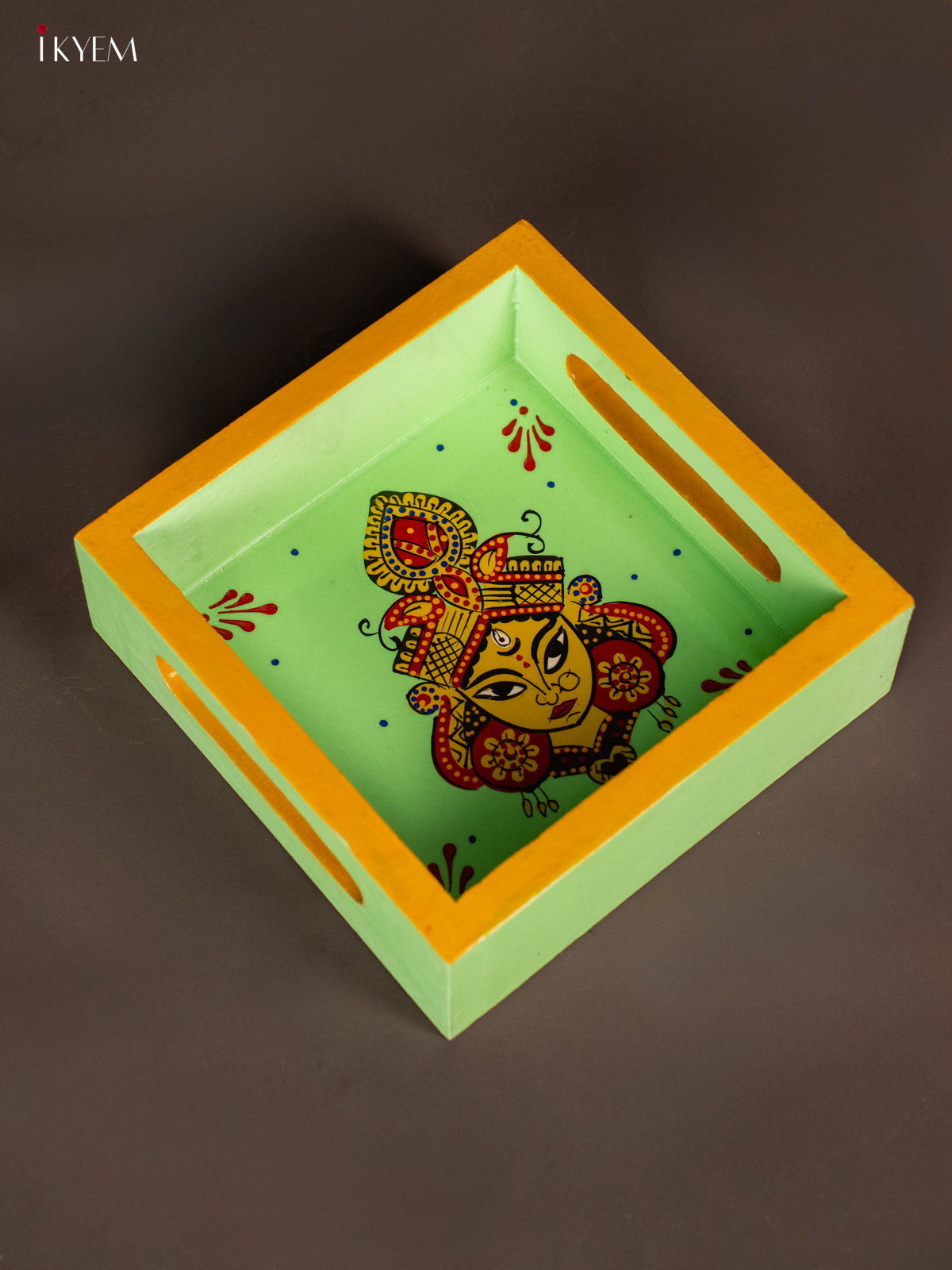 Goddess Durga Maa Hand Painted Green Square Wooden Tray 3