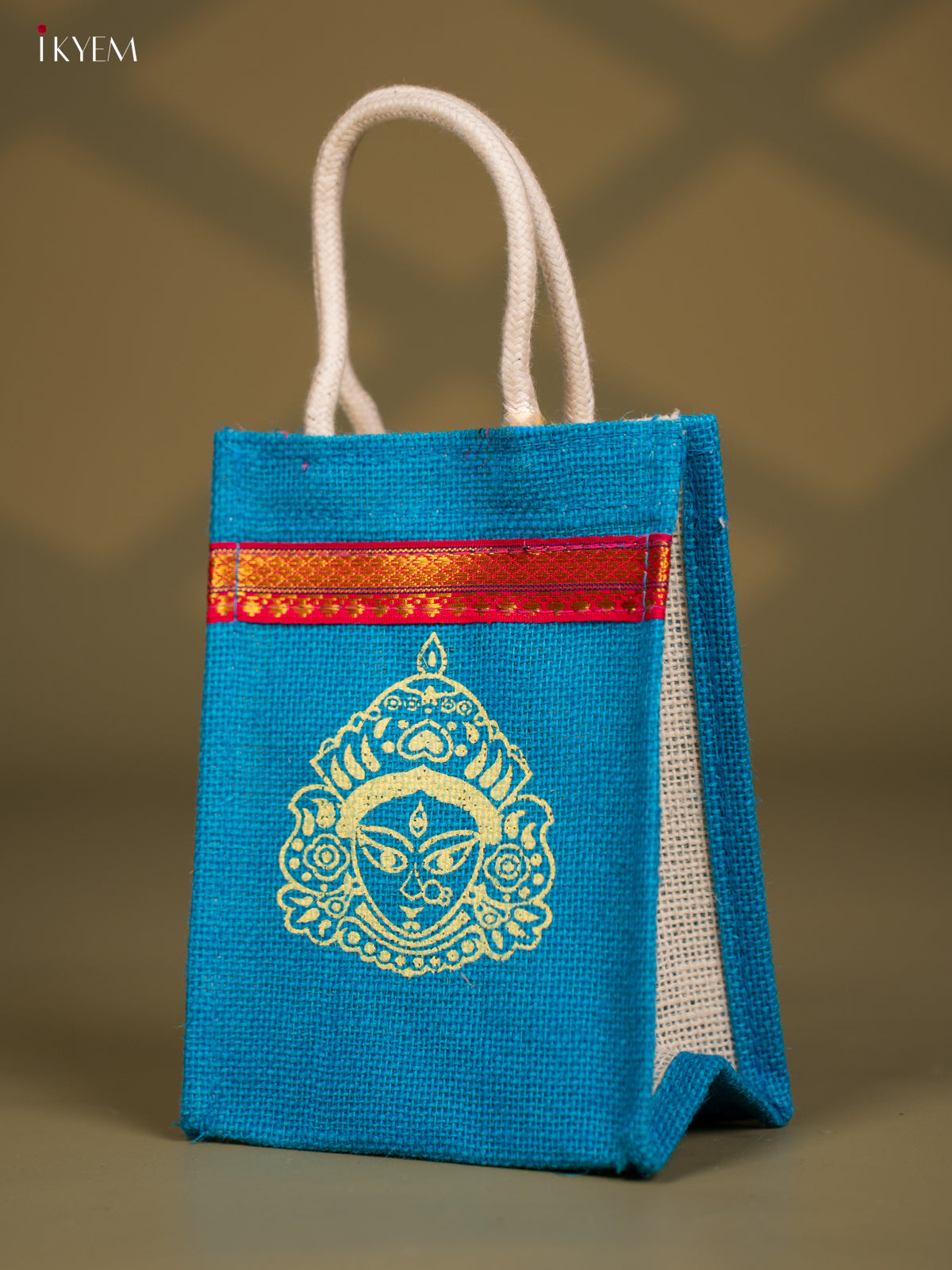 Goddess Durga Printed blue Jute Bags - 8 Inch 