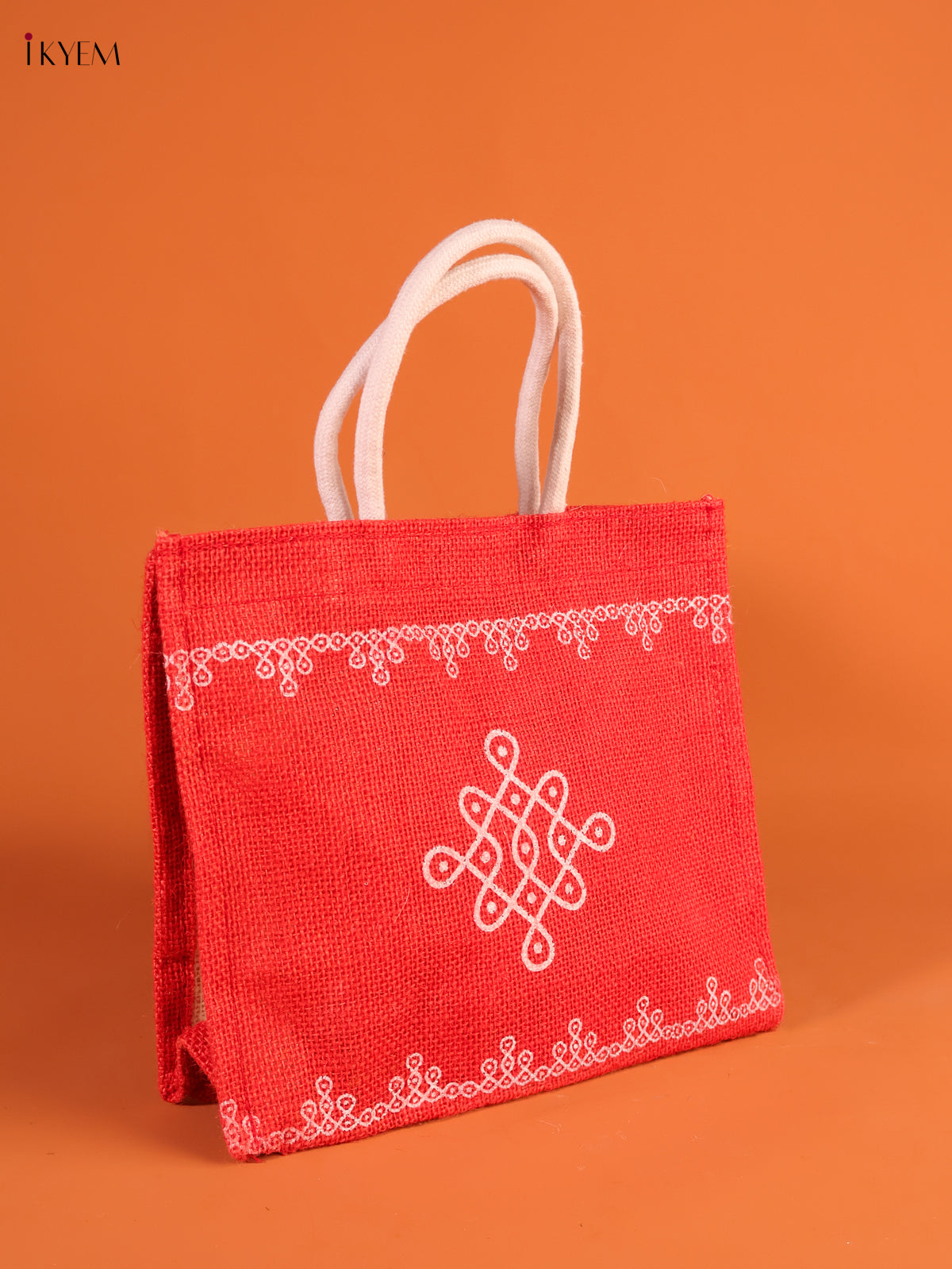 Gorgeous Red Jute Bag With Kolam Print  1